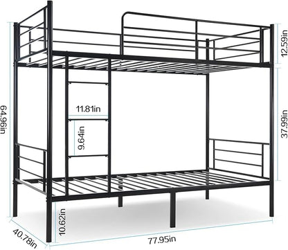 Bunk Bed Twin Over Twin,Bunk Beds for Kids Teens Adults with Ladders and Guardrail,Sturdy Literas Heavy Duty Metal Slats,400 lbs Capacity,No Spring Box Required,Black
