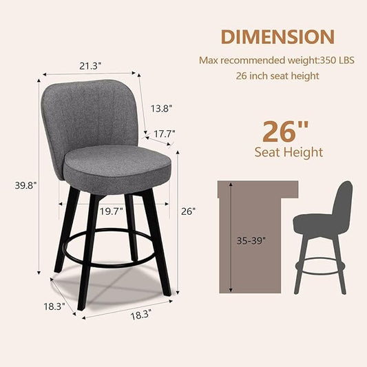 MINCETA Bar Stools Set of 4, 26 Inch Upholstered Barstools with Backrest and Footrest, Swivel Counter Height Barstools for Kitchen Island Home Bar Gray
