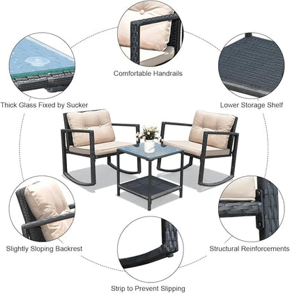 COSTWAY 3 Pieces Patio Rattan Rocking Chair Set, Outdoor Conversation Furniture Sets with Coffee Table, Storage Shelf and Cushions, Modern Bistro Set for Porch, Backyard, Garden, Beige