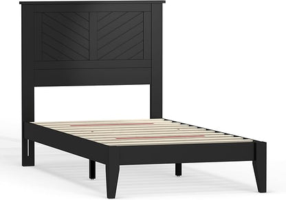 Serene Farmhouse Style Wood Bed in Twin Size with Chevron Scoring Headboard, Coastal Modern Design, Sturdy, Easy Assembly, Ample Underbed Storage, Black Finish