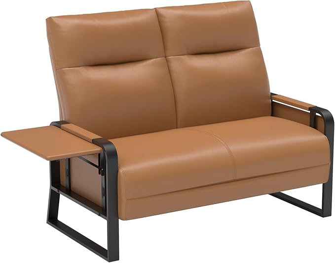 Faux Leather Loveseat Couch for Living Room Bedroom Office, Small Sofa 2 Seater Couch with Flip Up Tray Table Side Pockets Leather Loveseats, Brown