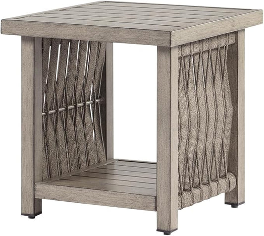 Outdoor Side Table, Aluminum Square Patio Side Table, 2-Tier Rope Weave Outdoor End Table with Adjustable Legs, Outside Furniture Patio Table for Garden, Pool, Balcony, Decks, Gray Oak