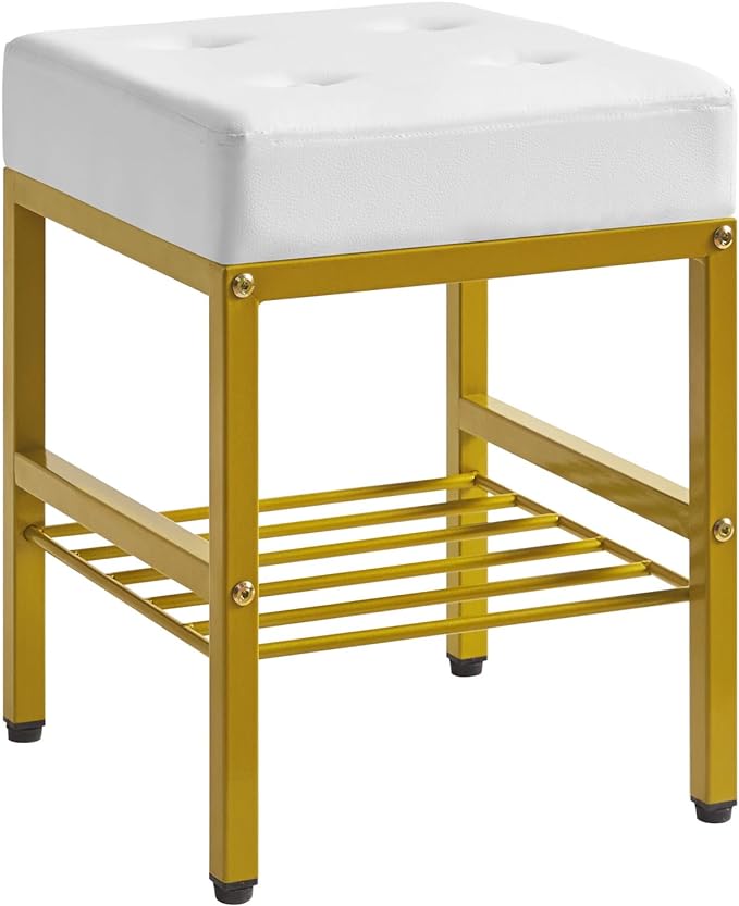 IBUYKE Square Makeup Stool with Adjustable Feet and Storage Space, Footrest Chair, PU Vanity Seat, Multi-Use as Small Side Table or Ottoman, for Bedroom, White LG-60W