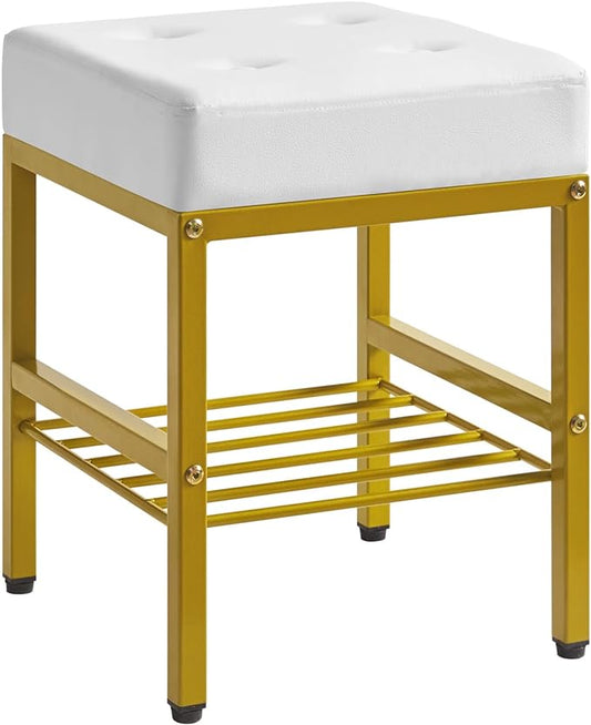 IBUYKE Square Makeup Stool with Adjustable Feet and Storage Space, Footrest Chair, PU Vanity Seat, Multi-Use as Small Side Table or Ottoman, for Bedroom, White LG-60W