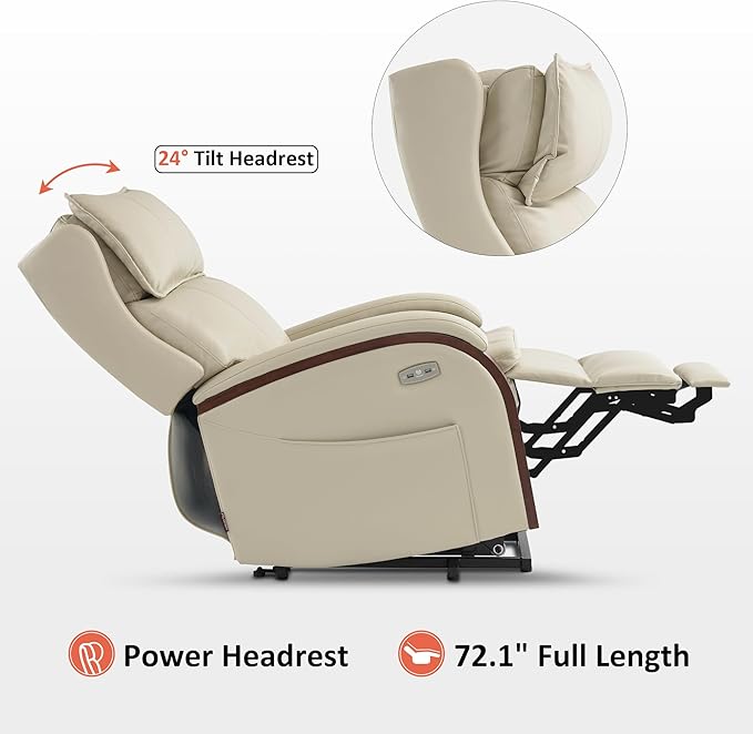 MCombo Power Lift Recliner Chair Sofa with Massage and Heat, Adjustable Headrest for Elderly People, Solid Wood Armrest, USB Ports, Side Pockets, Faux Leather 7917 (Cream White, Medium)