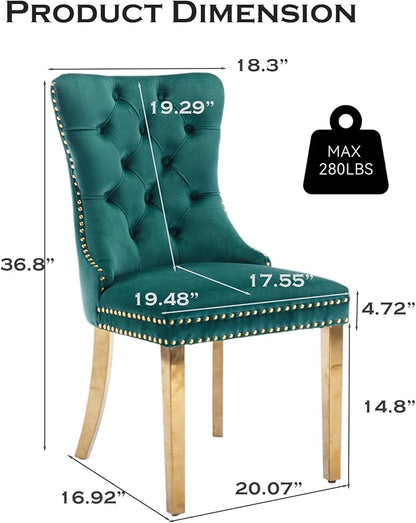 Velvet Upholstered Dining Chairs Set of 8, Modern Style Kitchen Side Chairs with Nailhead Trim and Gold Plated Leg, Metal Pulling Ring for Dining Room Living Room(Green)