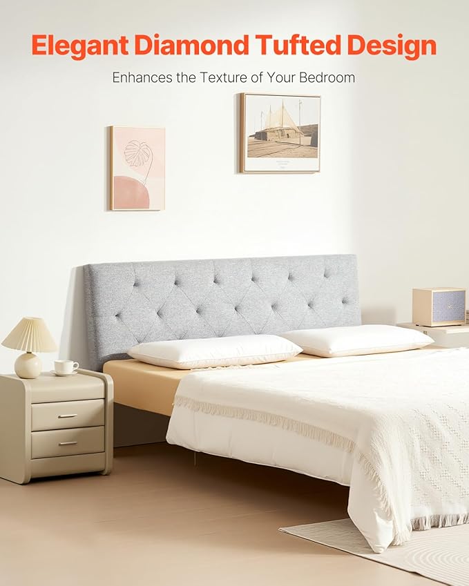 VEVOR Headboard, Full Size Headboard with Adjustable Height, Comfortable Diamond Tufted for Full Size Bed, W 56.3 x H（35.6-47.4） inches, Ideal for Bedroom, Hotel, Homestay, Dormitory, Light Grey