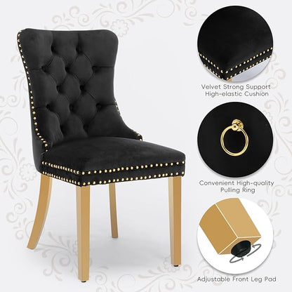 Velvet Upholstered Dining Chairs Set of 6, Modern Style Kitchen Side Chairs with Nailhead Trim and Gold Plated Leg, Metal Pulling Ring for Dining Room Living Room(Black, Set of 6)