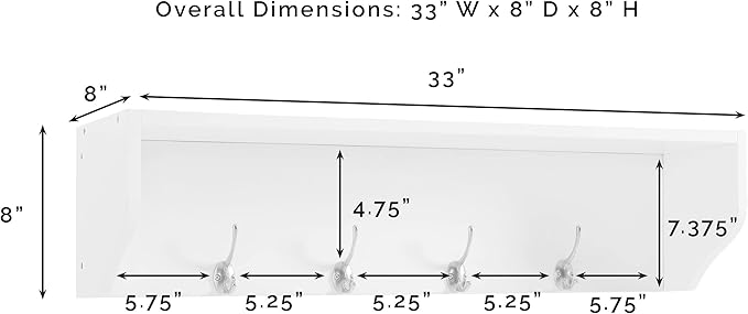 Crosley Furniture Harper Entryway Storage Wall Shelf, with Coat Rack Hooks for Hanging, White