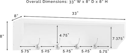 Crosley Furniture Harper Entryway Storage Wall Shelf, with Coat Rack Hooks for Hanging, White