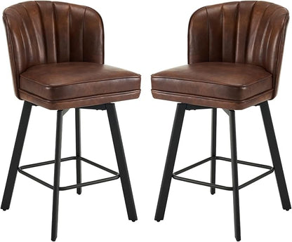 Swivel Counter Height Bar Stools Set of 2, 26'' Modern Barstools with Backs and Metal Legs, Upholstered Bar Chairs, Faux Leather Brown Stools for Kitchen Island Chairs