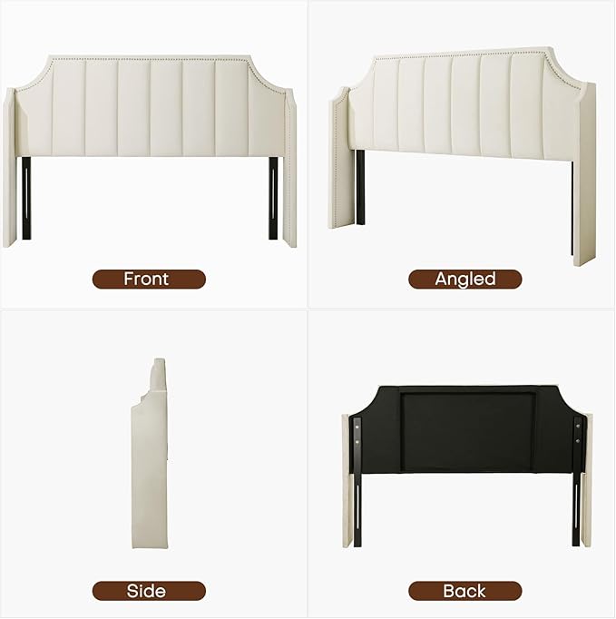 Lucky Monet Luxurious Headboard Only Queen Size with Wingback, Velvet Upholstered Tufted Headboard with Nailhead Decor for Bed, Adjustable Height Curved Head Board Vertical Channel Design (Cream)