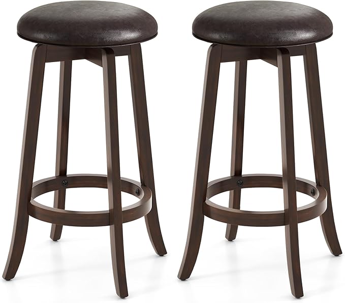 COSTWAY 29-Inch Swivel Bar Stools Set of 2, Upholstered Barstools w/PU Leather Seat & Solid Rubber Wood Legs, Mid-Century Backless Round Bar Height Stools w/Footrest for Kitchen Home Bar