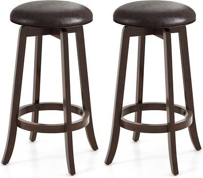 COSTWAY 29-Inch Swivel Bar Stools Set of 2, Upholstered Barstools w/PU Leather Seat & Solid Rubber Wood Legs, Mid-Century Backless Round Bar Height Stools w/Footrest for Kitchen Home Bar