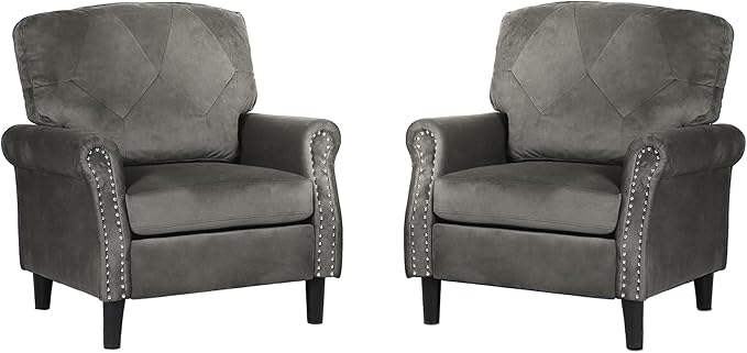 Accent Chairs for Living Room, Set of 2 Mid-Century Modern Upholstered Armchairs, Comfy Velvet Chair w/Wood Legs & Nailhead Trim, Wingback Chair for Bedroom, Grey