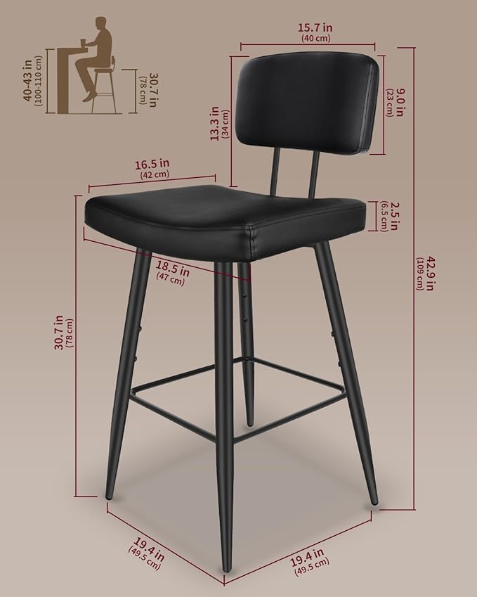 Tall Bar Stools Set of 2, 30 Inch High Counter Height Barstools with Padded Back Support, Faux Leather Bar Chairs, Metal Legs, for Kitchen Island, Black