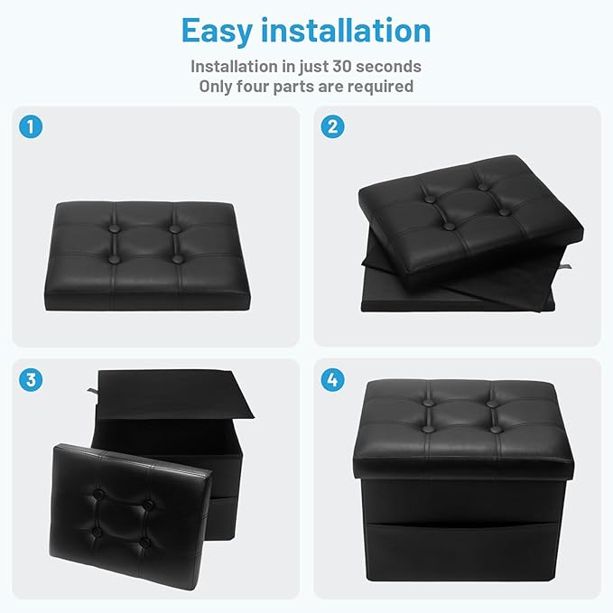 Storage Ottoman Foot Rest Stool, Small Leather Storage Ottomans Bench, Folding Footstool with Side Pockets, Foot Rest Under Desk for Living Room Bedroom, 17x13x13 in, Black