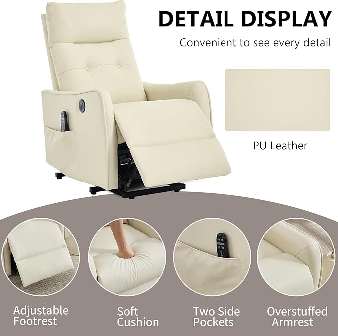 PELUMY Manual Lift Recliner Chair with Massage and Heat for Elderly, Single Motor Electric Lift Chair, Heavy Duty Recliner with USB Charging & Side Pockets (Breathable Leather, Beige)