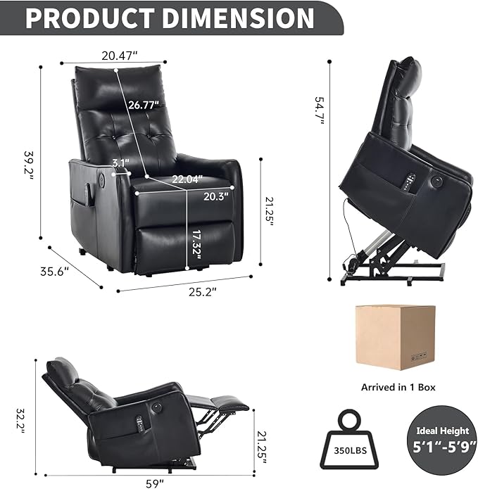 PELUMY Manual Lift Recliner Chair with Massage and Heat for Elderly, Single Motor Electric Lift Chair, Heavy Duty Recliner with USB Charging & Side Pockets (Breathable Leather, Black)