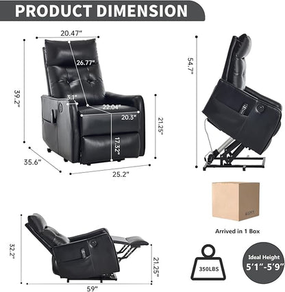 PELUMY Manual Lift Recliner Chair with Massage and Heat for Elderly, Single Motor Electric Lift Chair, Heavy Duty Recliner with USB Charging & Side Pockets (Breathable Leather, Black)