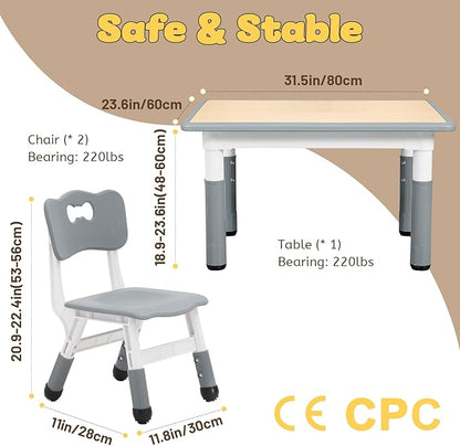 FUNLIO Kids Table and 2 Chairs Set for Ages 3-8, Height Adjustable Toddler Table and Chair Set, Easy to Wipe Arts & Crafts Table, for Classrooms/Daycares/Homes, CPC & CE Approved (3pcs Set) - Gray
