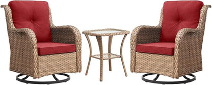 HUMMUH 3-Piece Swivel Rocking Rattan Chair Outdoor, Patio Bistro Furniture Conversation Set, Cushioned Wicker Chair with Glass Coffee Table(Yellow,Red)