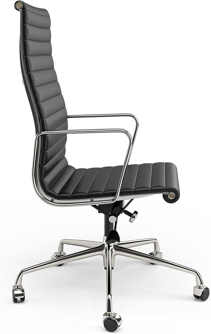 High Back Genuine Leather Ribbed Office Chair-Ergonomic Desk Chair with Aluminum Alloy Armrest & Frame, Swivel Silent Wheels & Tilt Function, Adjustable Height