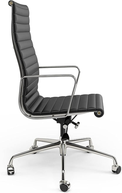 High Back Genuine Leather Ribbed Office Chair-Ergonomic Desk Chair with Aluminum Alloy Armrest & Frame, Swivel Silent Wheels & Tilt Function, Adjustable Height