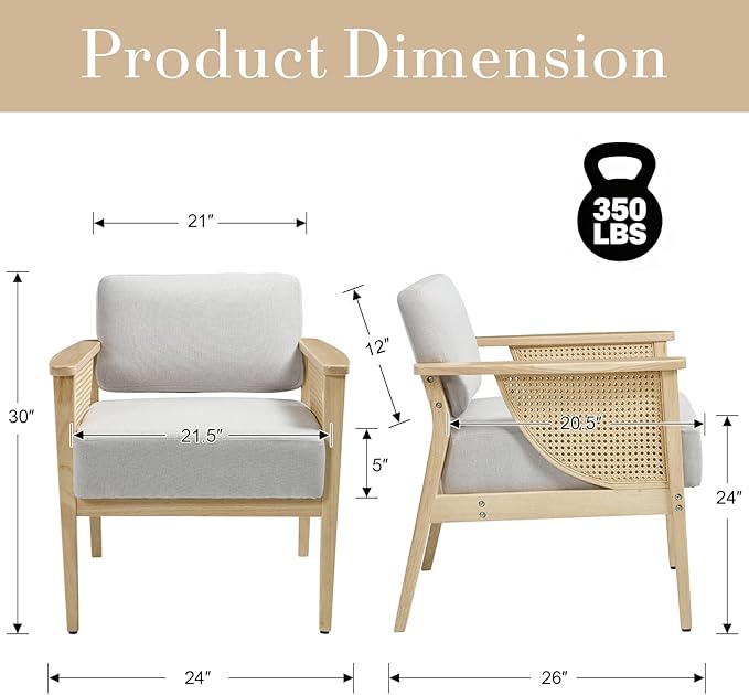 Mid Century Modern Accent Chair, Rattan Armchair with Wood Legs Living Room Chair Linen Upholstered Lounge Chair for Bedroom Reading Room, Grey