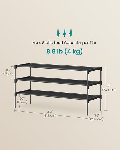 SONGMICS Shoe Rack, 3-Tier Shoe Storage Organizer, Space-Saving, 11.6 x 36.1 x 21 Inches, Entryway, Metal Frame, Non-Woven Fabric Shelves, Ink Black ULSH033BH01S