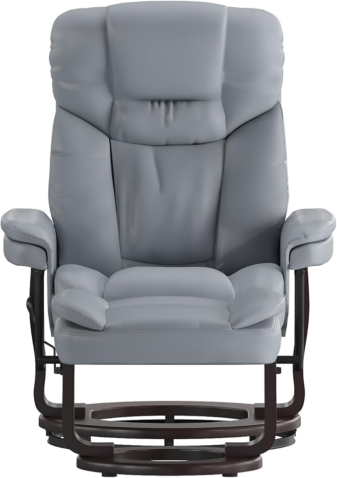 Flash Furniture Allie Contemporary Multi-Position Recliner and Curved Ottoman with Swivel Mahogany Wood Base in Gray LeatherSoft