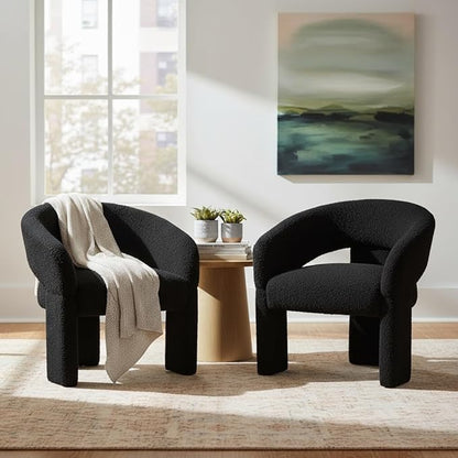 LukeAlon Mid Century Modern Sherpa Accent Chairs Set of 2 – Round Barrel Back Armchairs, Comfy Upholstered Lounge Chairs for Living Room, Bedroom, Office, Waiting Rooms, Black