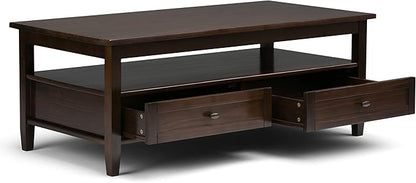 SIMPLIHOME Warm Shaker Coffee Table - 48 inch Wide Solid Wood Cocktail Table in Tobacco Brown, Transitional Living Room Table with 2 Storage Drawers and Open Shelf for Sitting Area or Lounge