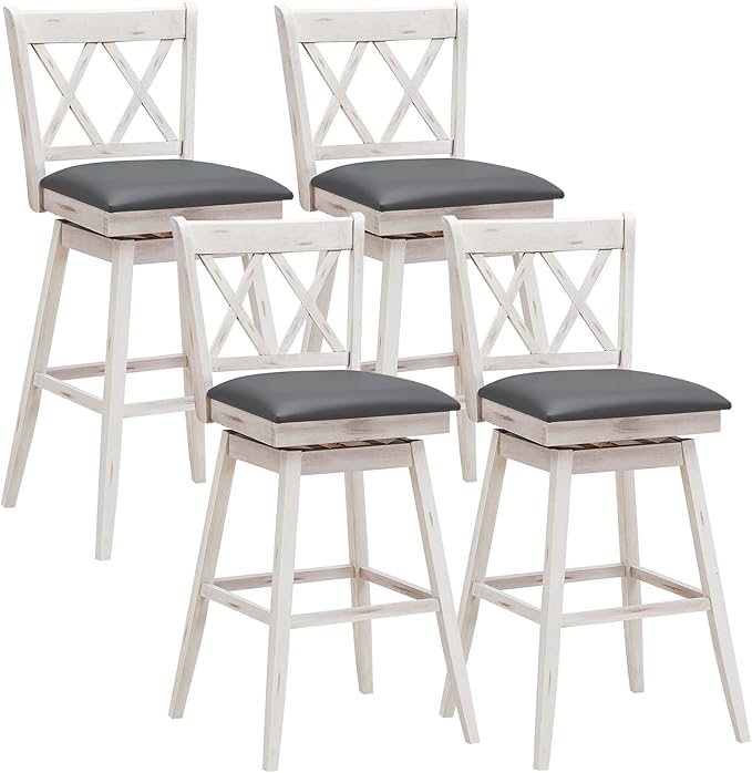 COSTWAY Bar Stool Set of 4, 360 ° Swivel Bar Height 29.5 inch Bar Stool with Foot Rest Upholstered Cushion & Ergonomic Backrest, Sturdy Frame, for Pub, Restaurant, Home (4, Antique White + Grey)