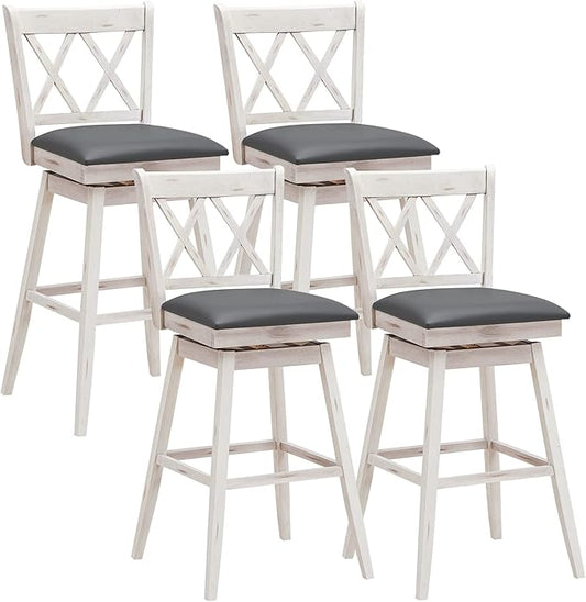COSTWAY Bar Stool Set of 4, 360 ° Swivel Bar Height 29.5 inch Bar Stool with Foot Rest Upholstered Cushion & Ergonomic Backrest, Sturdy Frame, for Pub, Restaurant, Home (4, Antique White + Grey)