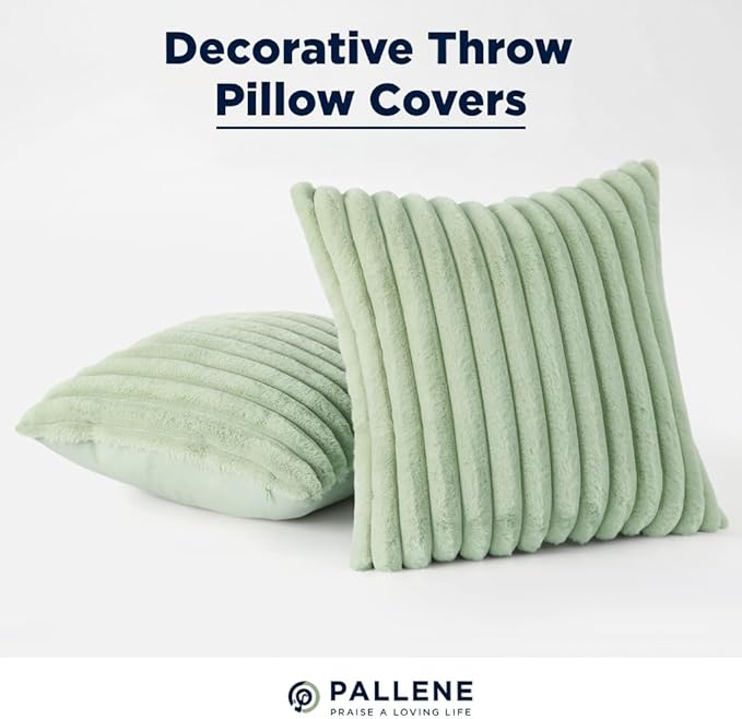 Pallene Faux Fur Plush Throw Pillow Covers 26x26 Set of 2, Luxury Soft Fluffy Striped Decorative Pillow Covers for Sofa, Couch, Living Room, Sage Green