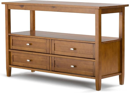 SIMPLIHOME Warm Shaker Console Table - 48 Inch Wide Solid Wood Sofa Table in Light Golden Brown, Transitional Storage for Living Room with 4 Drawers, Open Shelf, and Brushed Nickel Knobs