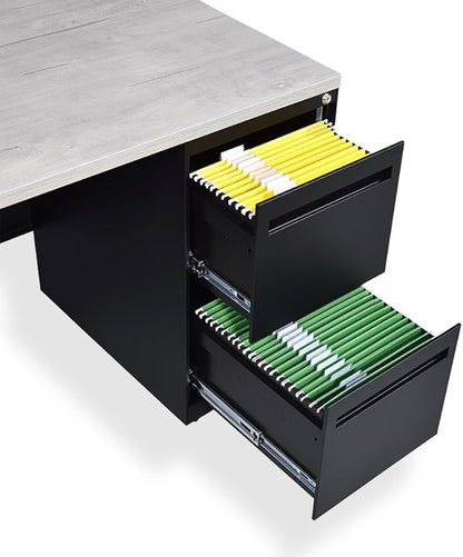 NBF Carbon L Shaped Executive Office Desk - Durable Laminate Computer Desk with 2 Drawers Pedestal - Modern Desk with Storage and File Cabinet - 72" W x 96" D Office Work Desk (Oak)