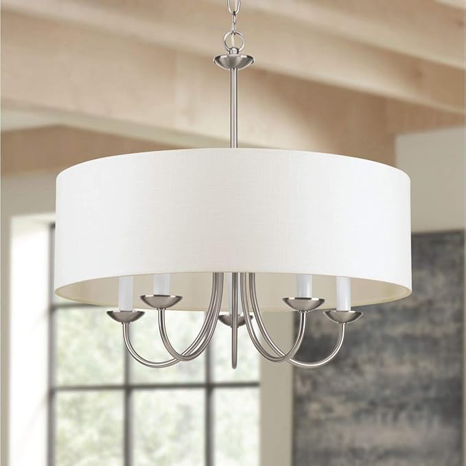 Progress Lighting Drum Shade Collection Five-Light Chandelier, Farmhouse Style Hanging Ceiling Light Fixture for Dining Rooms, Foyers, White Textured Linen Shade, Brushed Nickel
