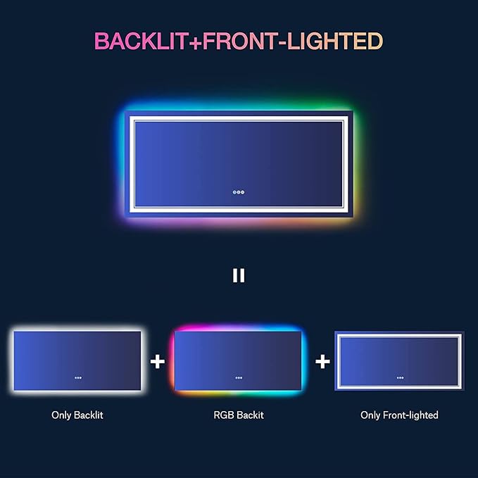 72x36 inch LED Bathroom Mirror with Lights Backlit RGB Color Changing Lighted Mirror for Bathroom Wall Dimmable Anti-Fog Led Mirror (RGB Multicolor Backlit + Adjustable Front-Lighted)