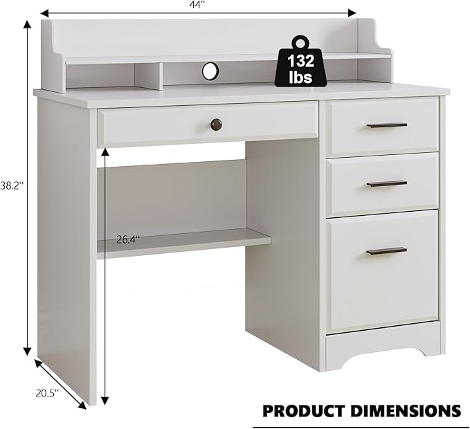 4 EVER WINNER White Desk with Drawers, Small Desk with File Drawer for Small Spaces, Writing Desk with Monitor Stand Wood Table for Study Home Office, White