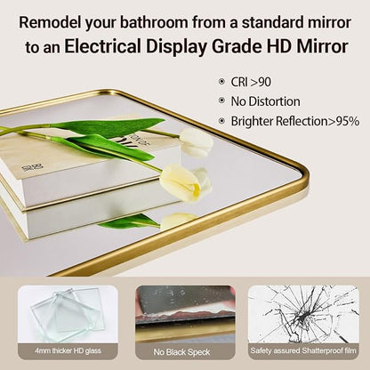 ANDY STAR Bathroom Mirror for Wall, 24x40 Inch Gold Rectangle Mirror for Bathroom with Rounded Corner, Modern Brushed Brass Vanity Rectangular Mirrors with Tube Metal Frame, Explosion-Proof Film