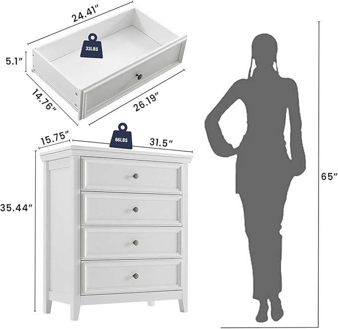 BLANKSPACE White Dresser for Bedroom, 4 Chest of Drawers Modern Wood Nightstand, Tall Clothes Organizer Cabinet for Guest Room, Living Room, Closets, Hallway, Bedroom