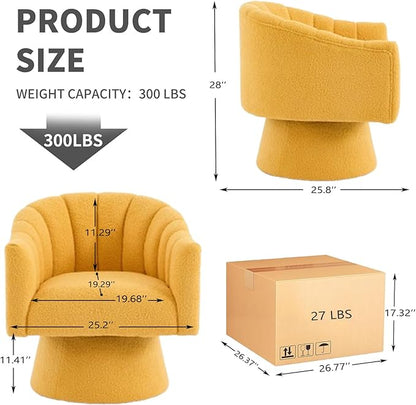 Swivel Accent Chair,Upholstered Teddy 360° Swivel Barrel Chair for Living Room Overstuffed Bouncle Reading Chair Round Armchair for Bedroom,Vanity,Office-Mustard
