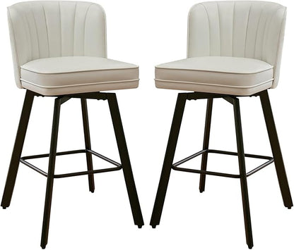 Swivel Counter Height Bar Stools Set of 2, 30'' Modern Barstools with Backs and Metal Legs, Upholstered Bar Chairs, Faux Leather White Stools for Kitchen Island Chairs