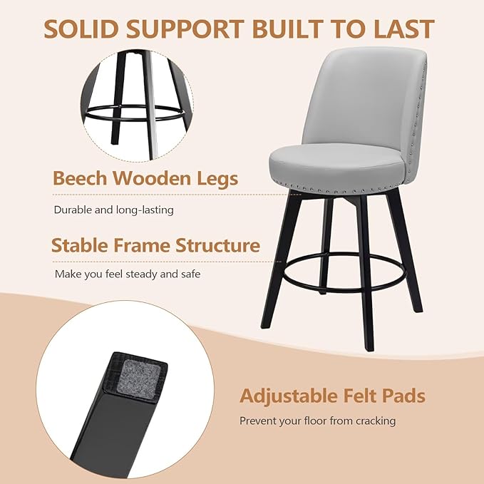 MINCETA Bar Stools Set of 2, PU Leather Barstools, 26 Inch Upholstered Counter Stools with High Back and Footrest, Swivel Counter Height Barstools for Kitchen Island Home Bar Light Gray