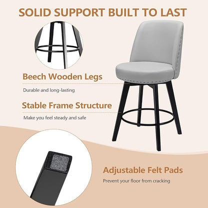 MINCETA Bar Stools Set of 2, PU Leather Barstools, 26 Inch Upholstered Counter Stools with High Back and Footrest, Swivel Counter Height Barstools for Kitchen Island Home Bar Light Gray