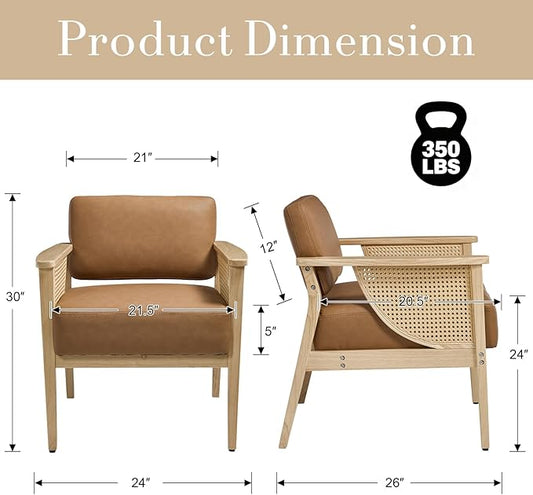 Mid Century Modern Accent Chair Set of 2, Rattan Armchair with Wood Legs Living Room Chair PU Leather Upholstered Lounge Chair for Bedroom Reading Room, Brown