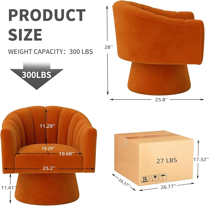 Swivel Accent Chair,Upholstered Velvet 360° Swivel Barrel Chair for Living Room Overstuffed Bouncle Reading Chair Round Armchair for Bedroom,Vanity,Office(Orange)