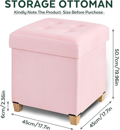 17.7" Ottoman with Storage, Square Storage Ottoman for Dorm, Velvet Ottomans with Legs for Living Room, Bedroom, Pink